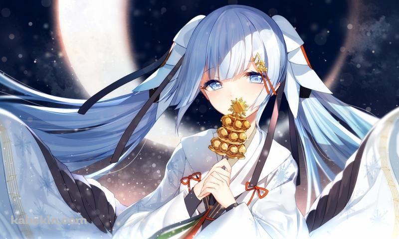 三日月と神楽鈴を持つ雪ミク / 初音ミク / ボカロ / ボーカロイドの壁紙(800px x 480px) 高画質 PC・デスクトップ用