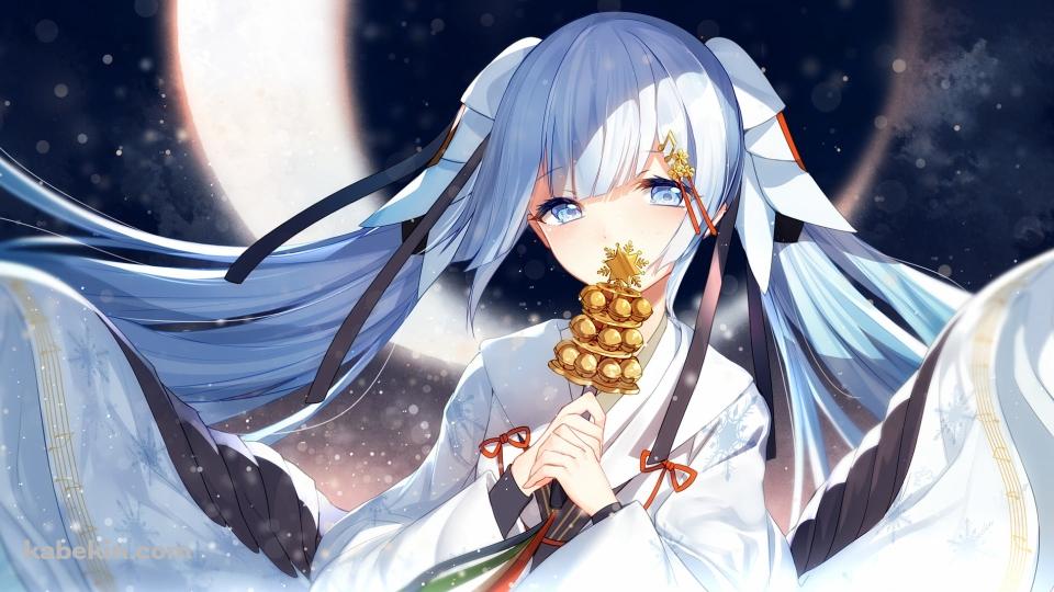 三日月と神楽鈴を持つ雪ミク / 初音ミク / ボカロ / ボーカロイドの壁紙(960px x 540px) 高画質 PC・デスクトップ用