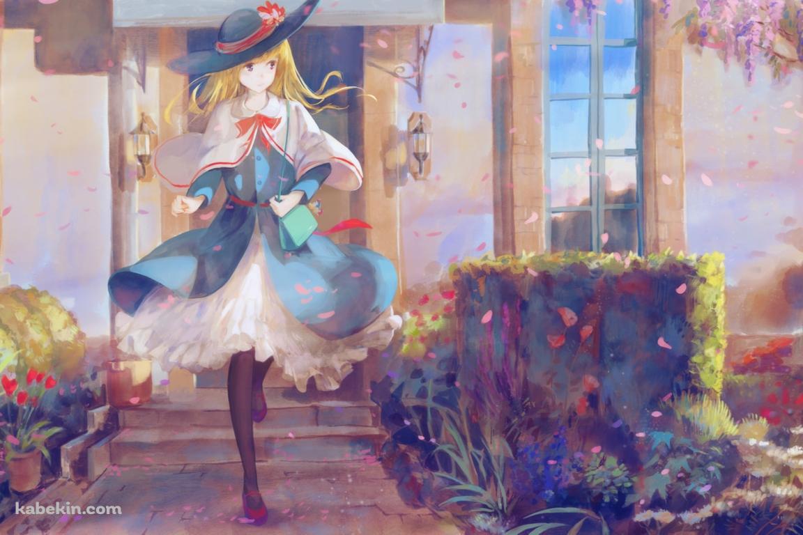 色どり豊かな花や草が生える庭をチラ見するアリス・マーガトロイド / 東方の壁紙(1152px x 768px) 高画質 PC・デスクトップ用