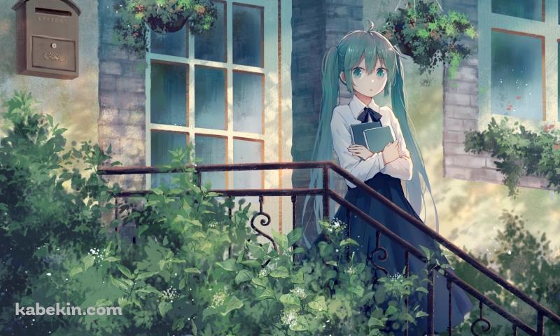 扉の前で本を持ちこちらを見つめる初音ミク / ボカロ / ボーカロイドの壁紙(800px x 480px) 高画質 PC・デスクトップ用