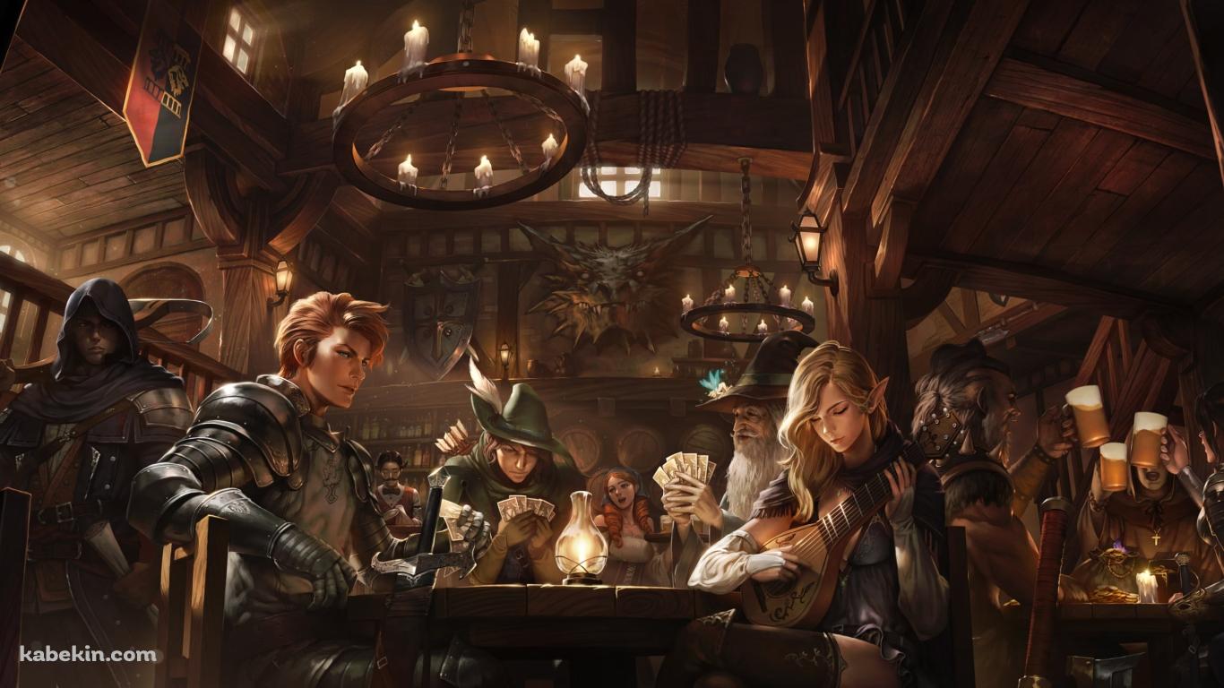 狩人やエルフが集う酒場 / ファンタジーの壁紙(1366px x 768px) 高画質 PC・デスクトップ用