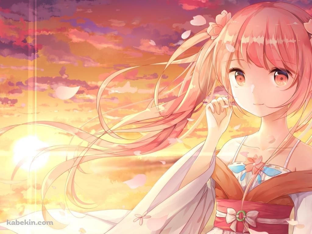 夕陽に染まる空と可愛い桜ミク / ボカロ / ボーカロイドの壁紙(1024px x 768px) 高画質 PC・デスクトップ用