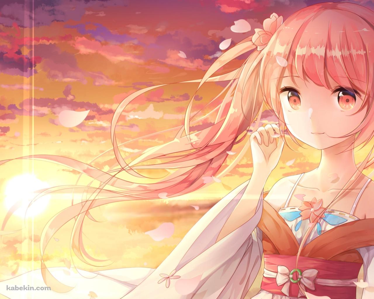 夕陽に染まる空と可愛い桜ミク / ボカロ / ボーカロイドの壁紙(1280px x 1024px) 高画質 PC・デスクトップ用