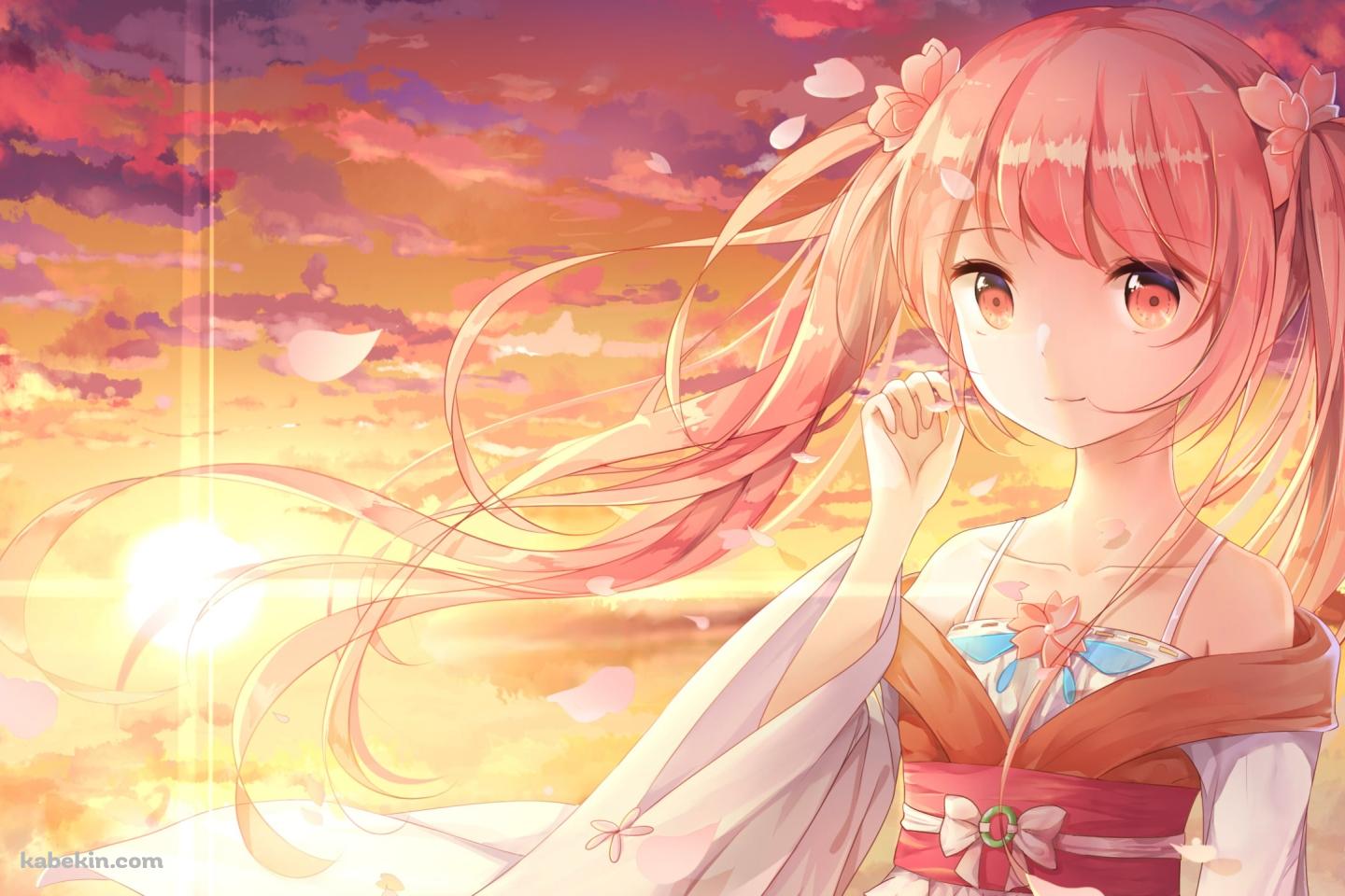 夕陽に染まる空と可愛い桜ミク / ボカロ / ボーカロイドの壁紙(1440px x 960px) 高画質 PC・デスクトップ用