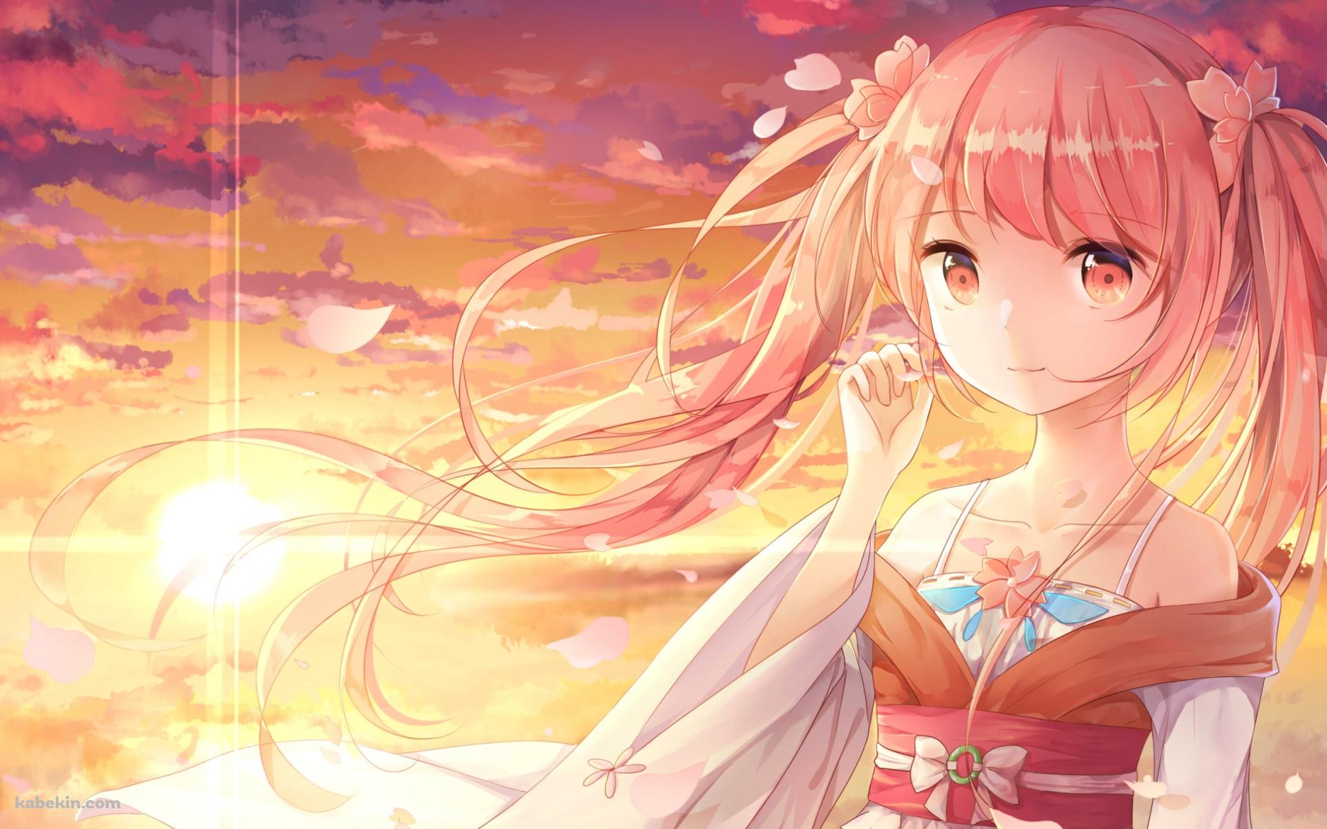 夕陽に染まる空と可愛い桜ミク / ボカロ / ボーカロイドの壁紙(1920px x 1200px) 高画質 PC・デスクトップ用