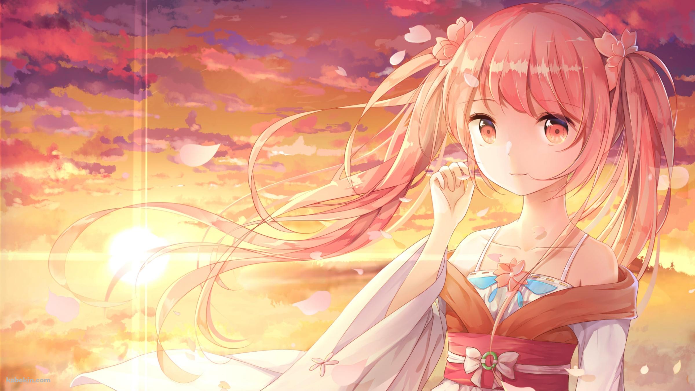 夕陽に染まる空と可愛い桜ミク / ボカロ / ボーカロイドの壁紙(2400px x 1350px) 高画質 PC・デスクトップ用