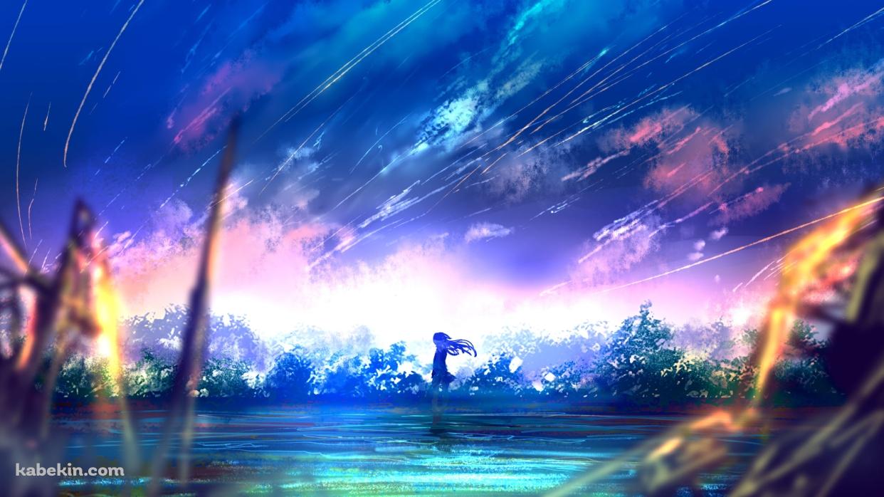 湖のほとりに立つ少女 / 水草 / 流星の壁紙(1242px x 698px) 高画質 PC・デスクトップ用