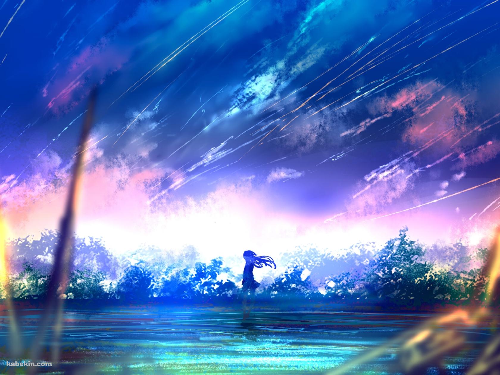 湖のほとりに立つ少女 / 水草 / 流星の壁紙(1680px x 1260px) 高画質 PC・デスクトップ用