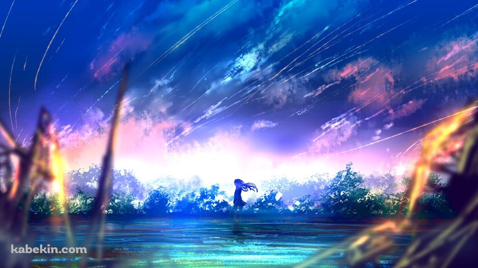 湖のほとりに立つ少女 / 水草 / 流星の壁紙(960px x 540px) 高画質 PC・デスクトップ用