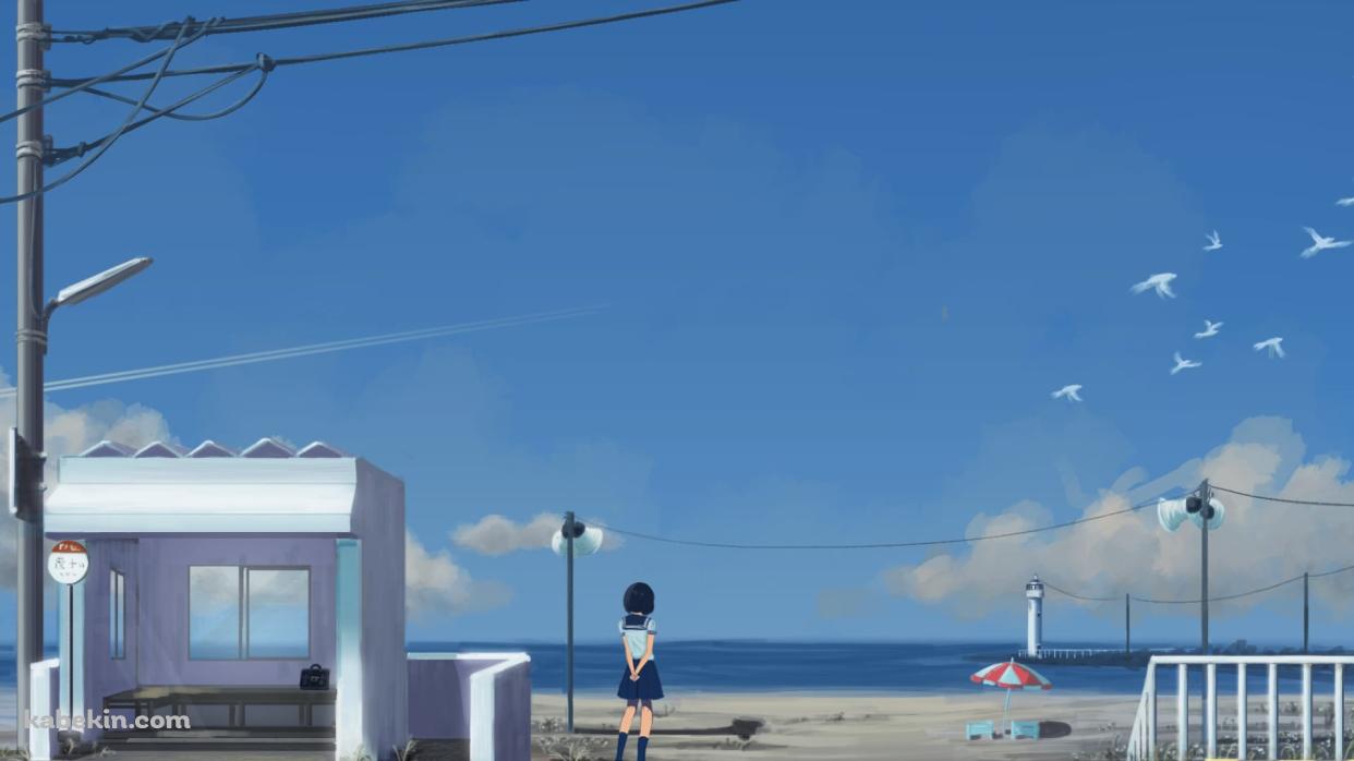 後ろ手を組んで海を眺める女子高生 / 休憩所 / 白い鳥の群れの壁紙(1242px x 698px) 高画質 PC・デスクトップ用
