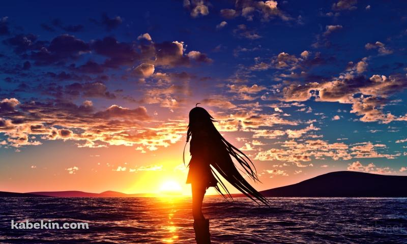 海と夕陽を眺めるIA / ボカロ / ボーカロイドの壁紙(800px x 480px) 高画質 PC・デスクトップ用