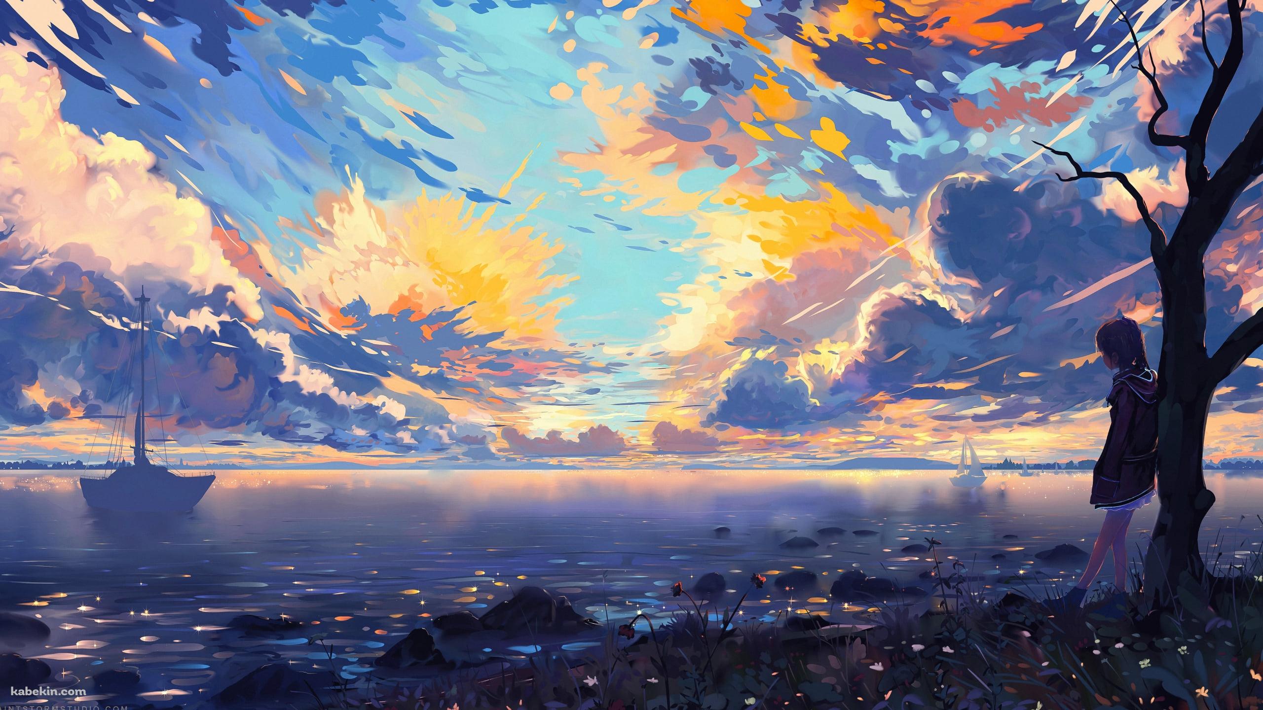 湖のほとりで船を眺める少女の壁紙(2560px x 1440px) 高画質 PC・デスクトップ用