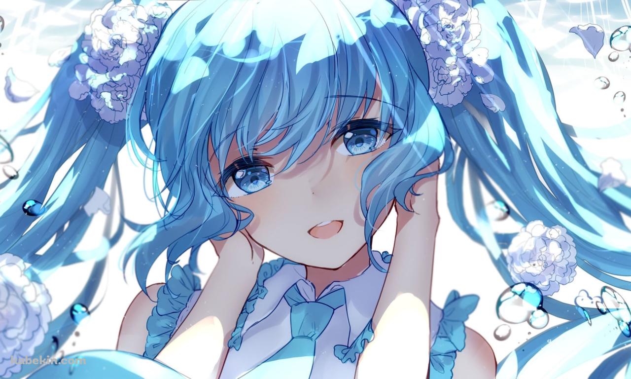 白い薔薇と耳元を抑える笑顔の初音ミク / ボカロ / ボーカロイドの壁紙(1280px x 768px) 高画質 PC・デスクトップ用