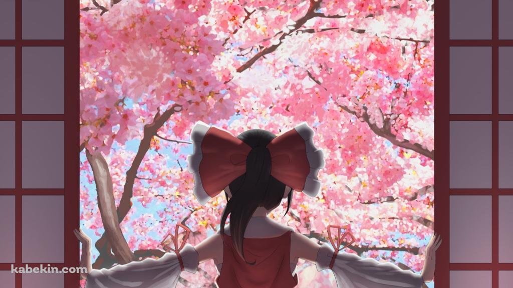 障子を開けて満開の桜を見る博麗霊夢 / 東方の壁紙(1024px x 576px) 高画質 PC・デスクトップ用
