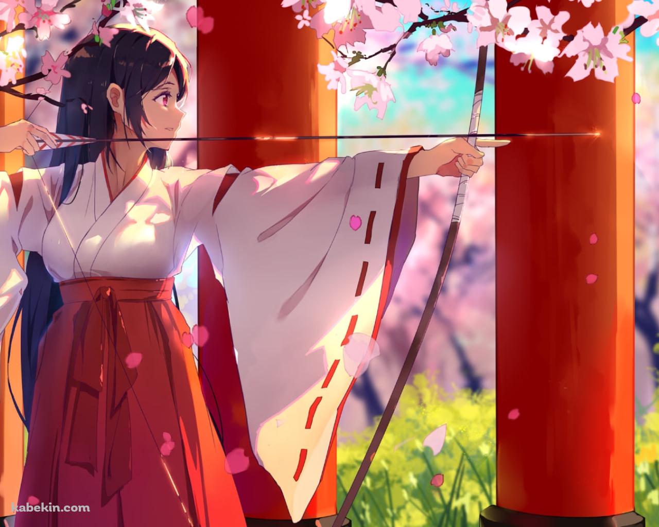 桜舞う中、弓を射る巫女 / 弓道の壁紙(1280px x 1024px) 高画質 PC・デスクトップ用