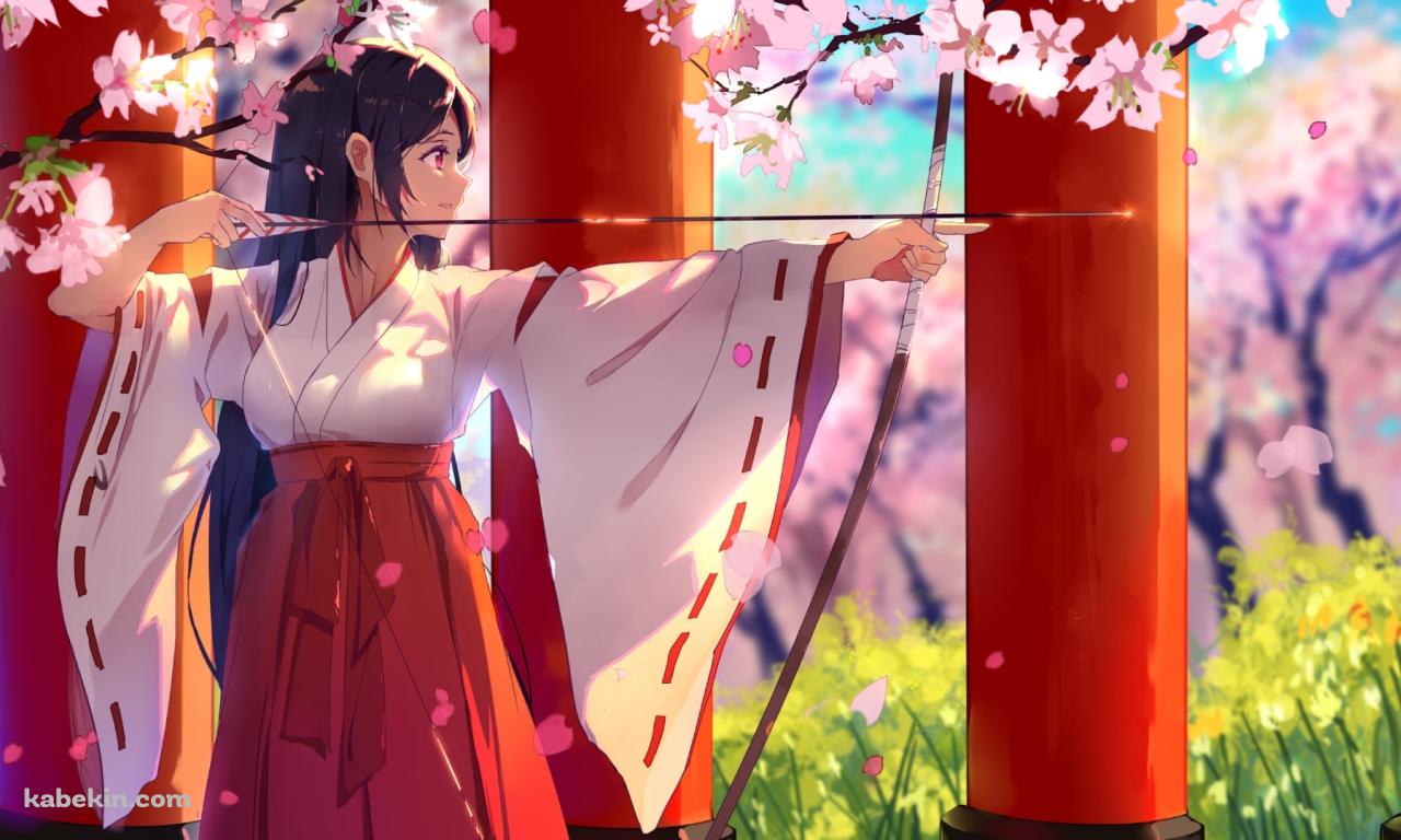 桜舞う中、弓を射る巫女 / 弓道の壁紙(1280px x 768px) 高画質 PC・デスクトップ用