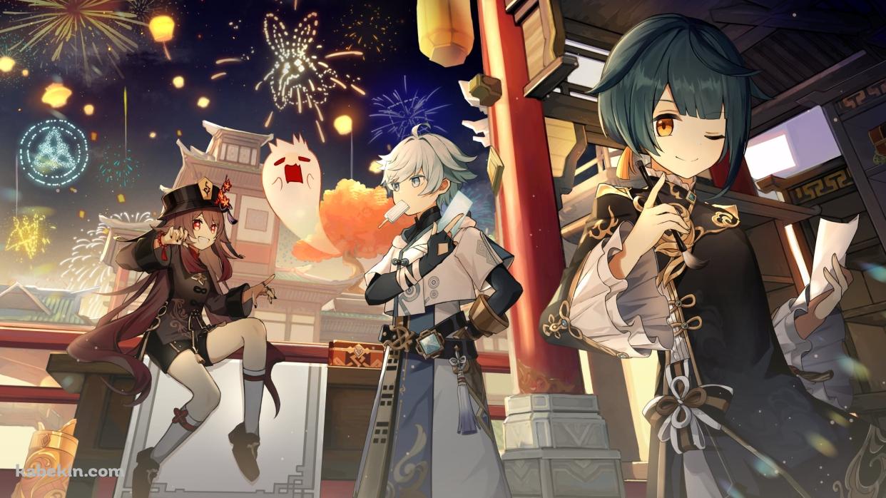 木の机に座る胡桃 / アイスを咥える重雲 / 筆と白い紙を持つ行秋 / 夏祭り / 原神の壁紙(1242px x 698px) 高画質 PC・デスクトップ用
