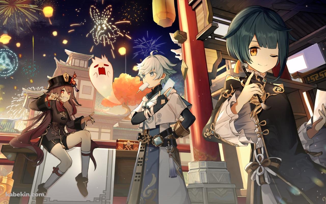 木の机に座る胡桃 / アイスを咥える重雲 / 筆と白い紙を持つ行秋 / 夏祭り / 原神の壁紙(1280px x 800px) 高画質 PC・デスクトップ用