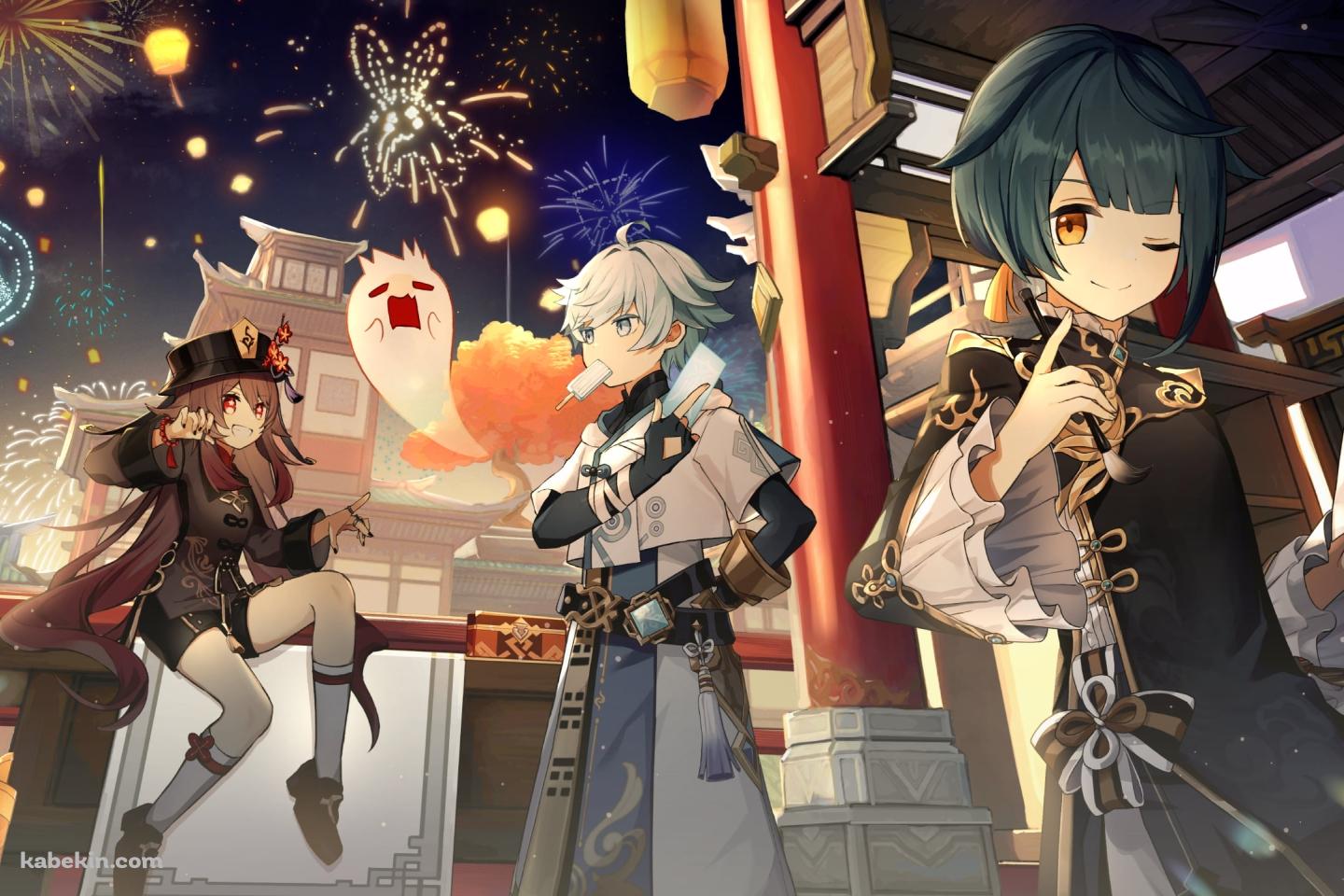 木の机に座る胡桃 / アイスを咥える重雲 / 筆と白い紙を持つ行秋 / 夏祭り / 原神の壁紙(1440px x 960px) 高画質 PC・デスクトップ用