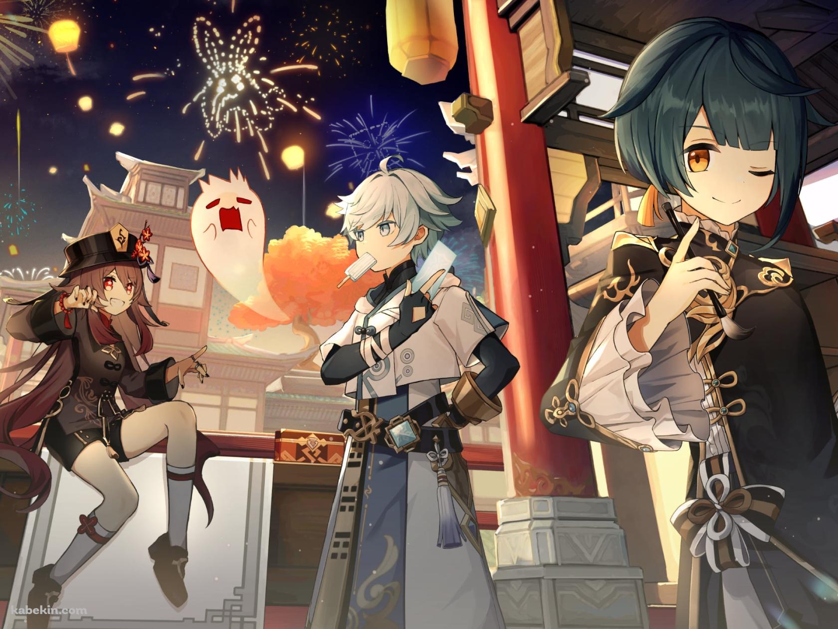 木の机に座る胡桃 / アイスを咥える重雲 / 筆と白い紙を持つ行秋 / 夏祭り / 原神の壁紙(1680px x 1260px) 高画質 PC・デスクトップ用