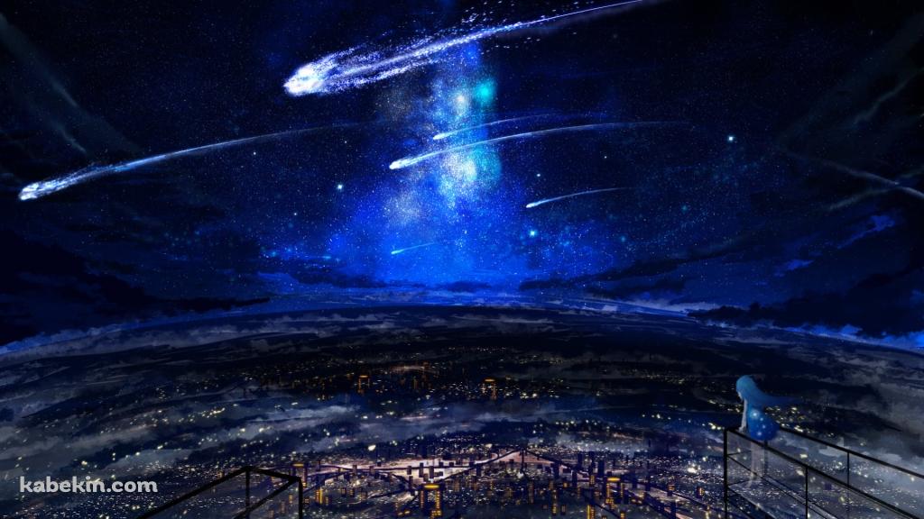 彗星が飛ぶ夜の街を高台から眺める少女の壁紙(1024px x 576px) 高画質 PC・デスクトップ用