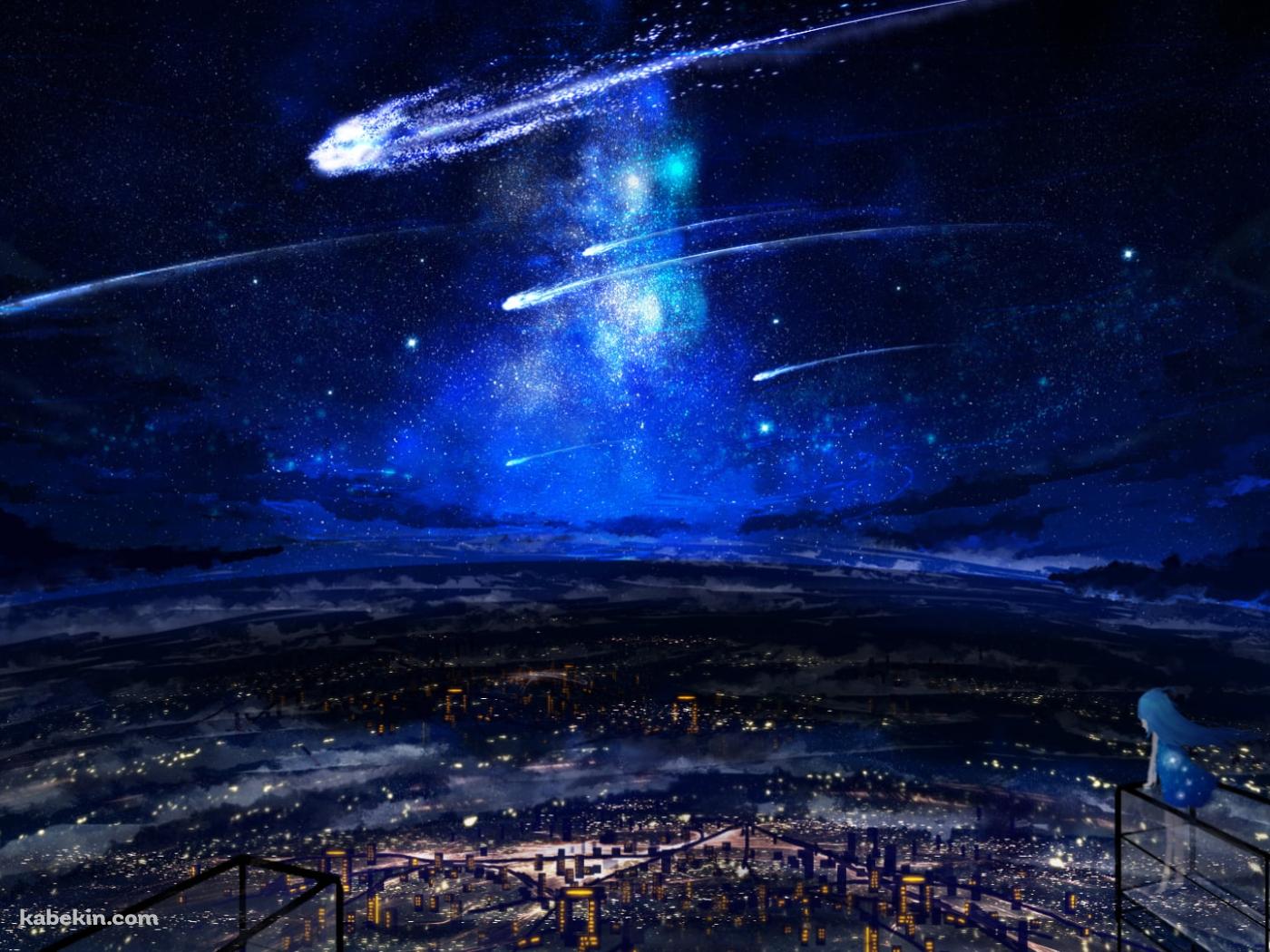 彗星が飛ぶ夜の街を高台から眺める少女の壁紙(1400px x 1050px) 高画質 PC・デスクトップ用
