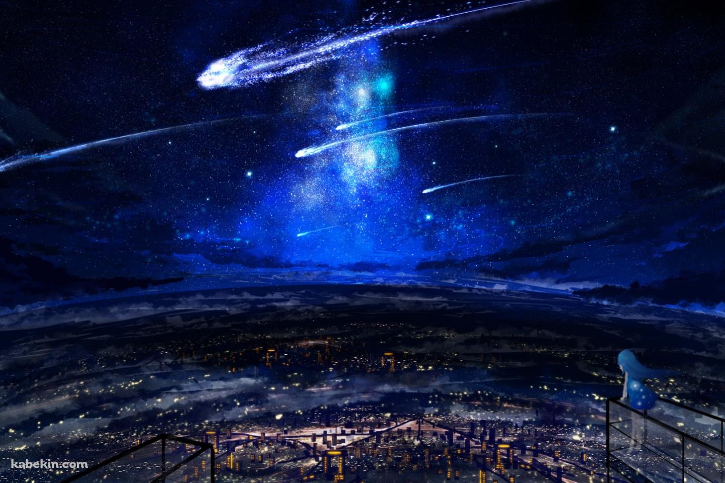 彗星が飛ぶ夜の街を高台から眺める少女の壁紙(1440px x 960px) 高画質 PC・デスクトップ用