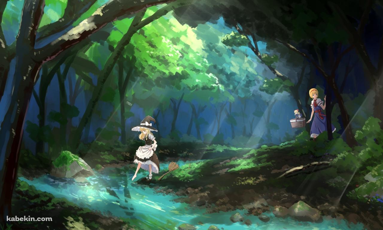 森の中を散歩する霧雨魔理沙とアリス・マーガトロイド / 上海人形 / 東方の壁紙(1280px x 768px) 高画質 PC・デスクトップ用