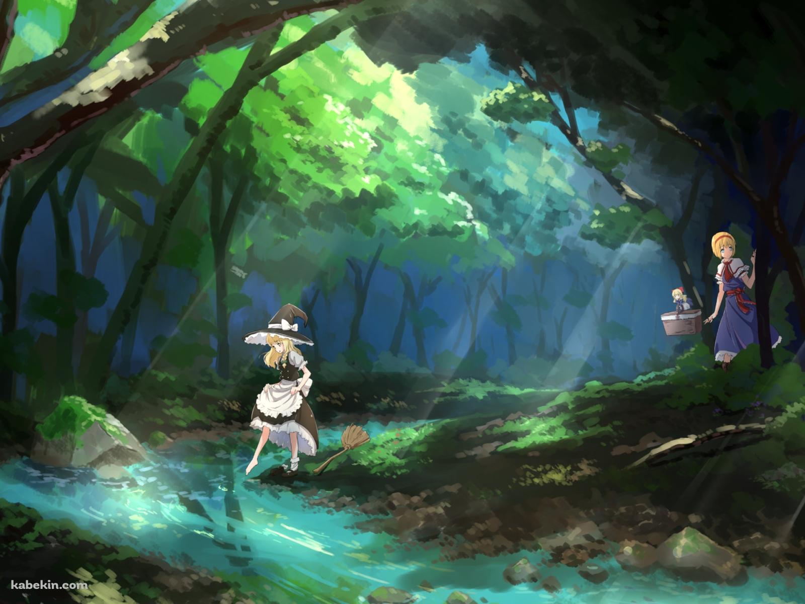 森の中を散歩する霧雨魔理沙とアリス・マーガトロイド / 上海人形 / 東方の壁紙(1600px x 1200px) 高画質 PC・デスクトップ用