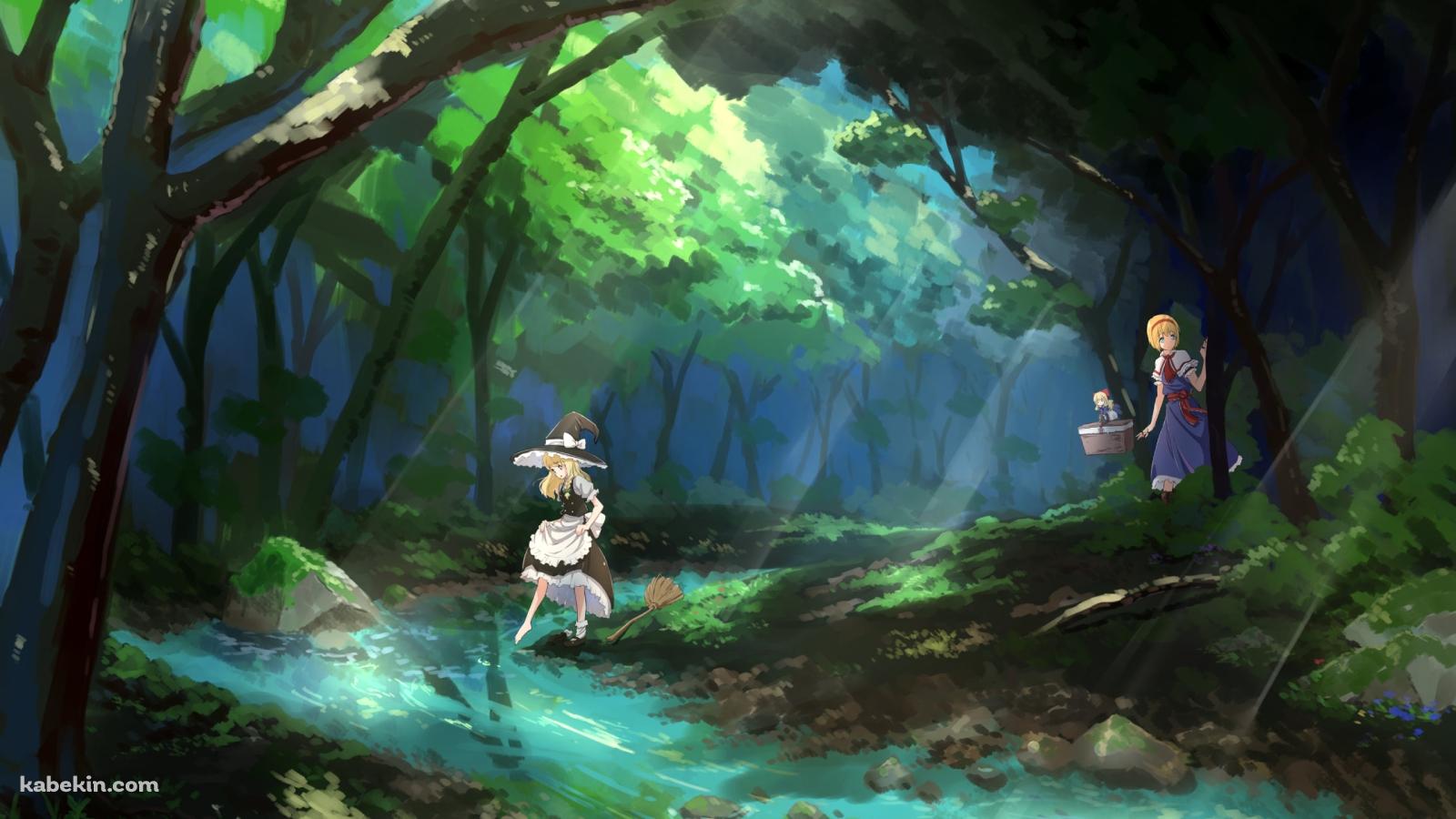 森の中を散歩する霧雨魔理沙とアリス・マーガトロイド / 上海人形 / 東方の壁紙(1600px x 900px) 高画質 PC・デスクトップ用