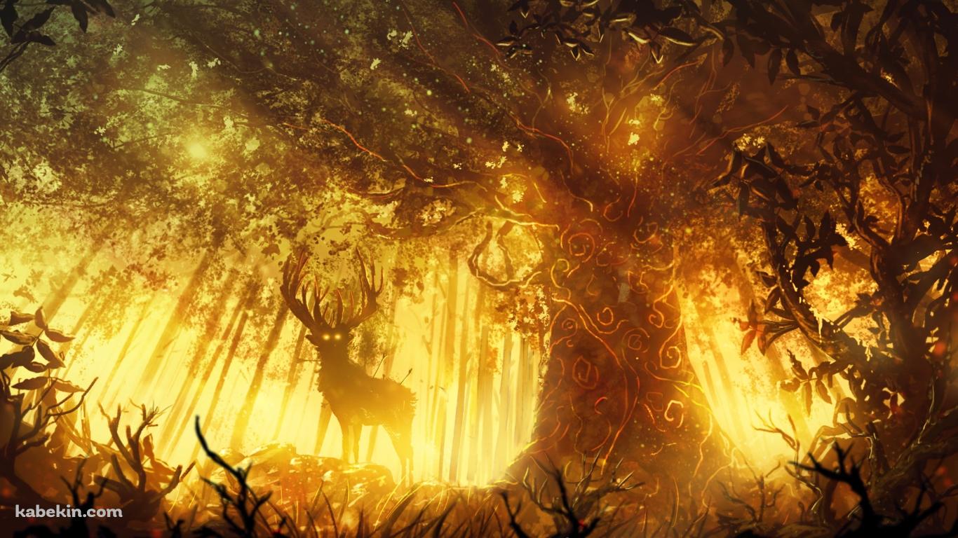 黄金色に光る木と鹿の壁紙(1366px x 768px) 高画質 PC・デスクトップ用