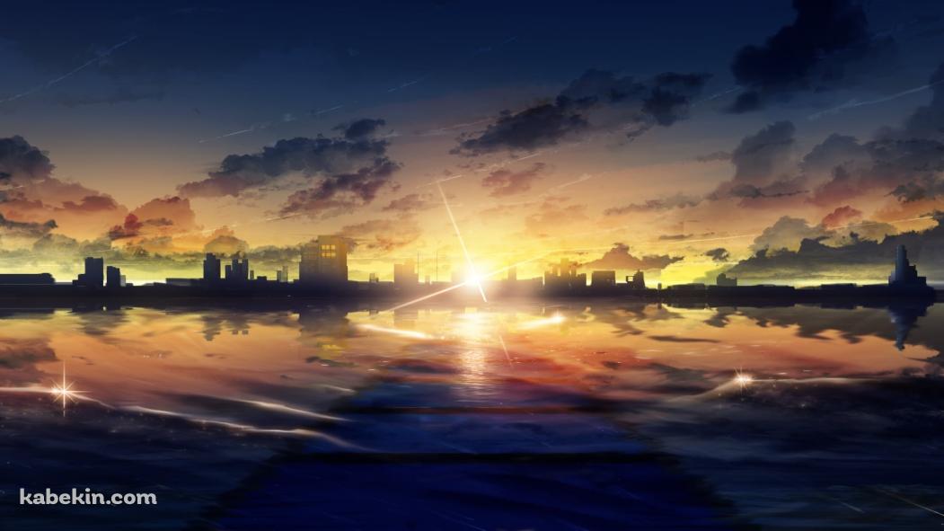 朝焼けに染まる街並みと海の壁紙(1051px x 591px) 高画質 PC・デスクトップ用