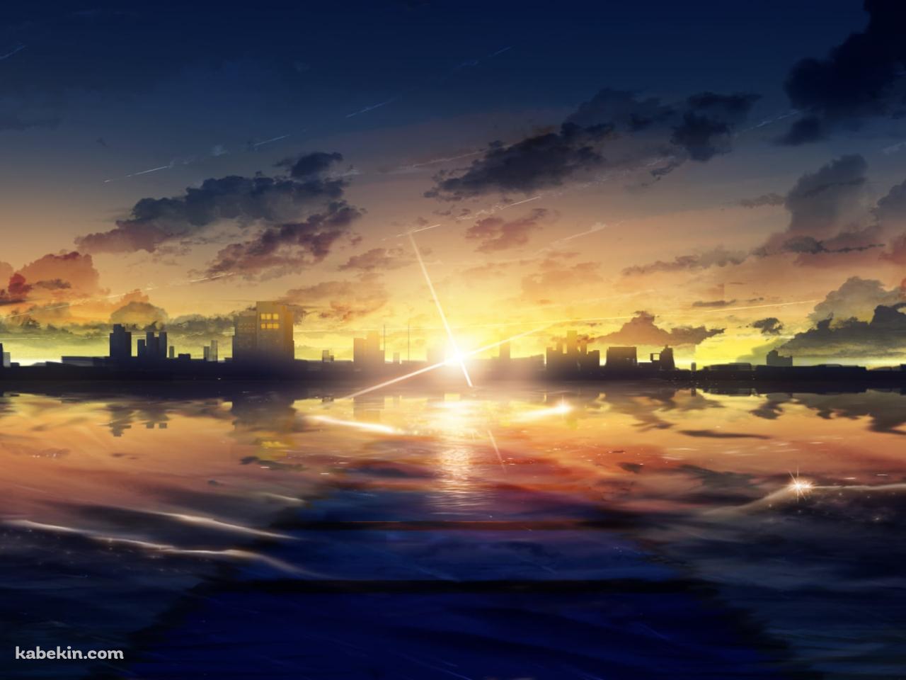 朝焼けに染まる街並みと海の壁紙(1280px x 960px) 高画質 PC・デスクトップ用