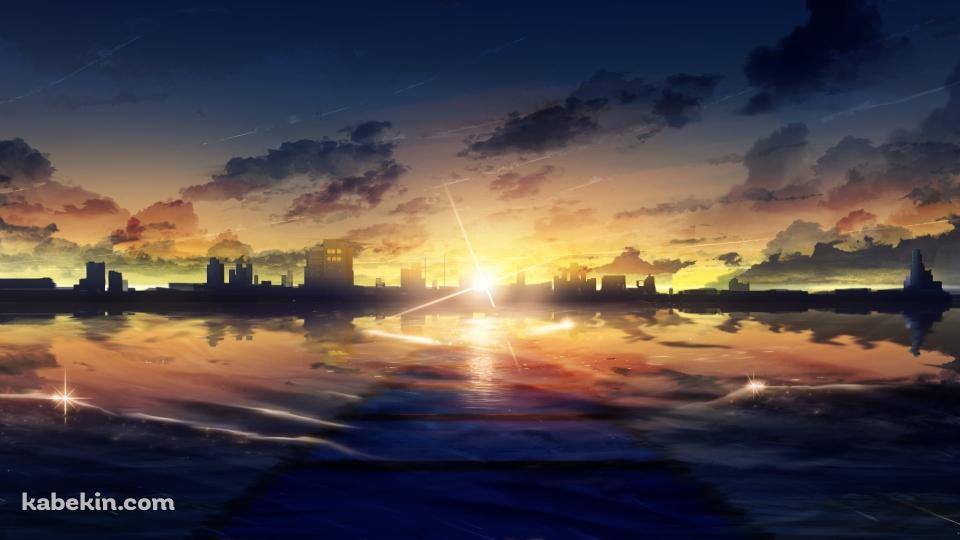 朝焼けに染まる街並みと海の壁紙(960px x 540px) 高画質 PC・デスクトップ用