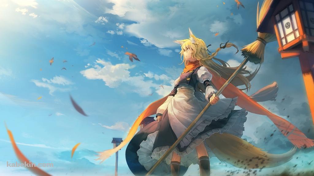 青空の下、ホウキを持つかっこいい霧雨魔理沙 / 東方の壁紙(1024px x 576px) 高画質 PC・デスクトップ用