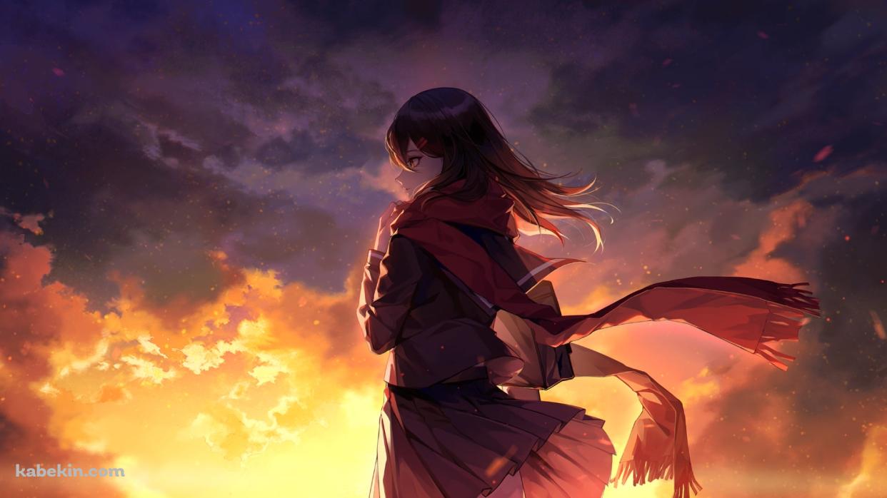 夕暮れと赤いマフラーを巻いた楯山文乃 / メカクシティアクターズの壁紙(1242px x 698px) 高画質 PC・デスクトップ用