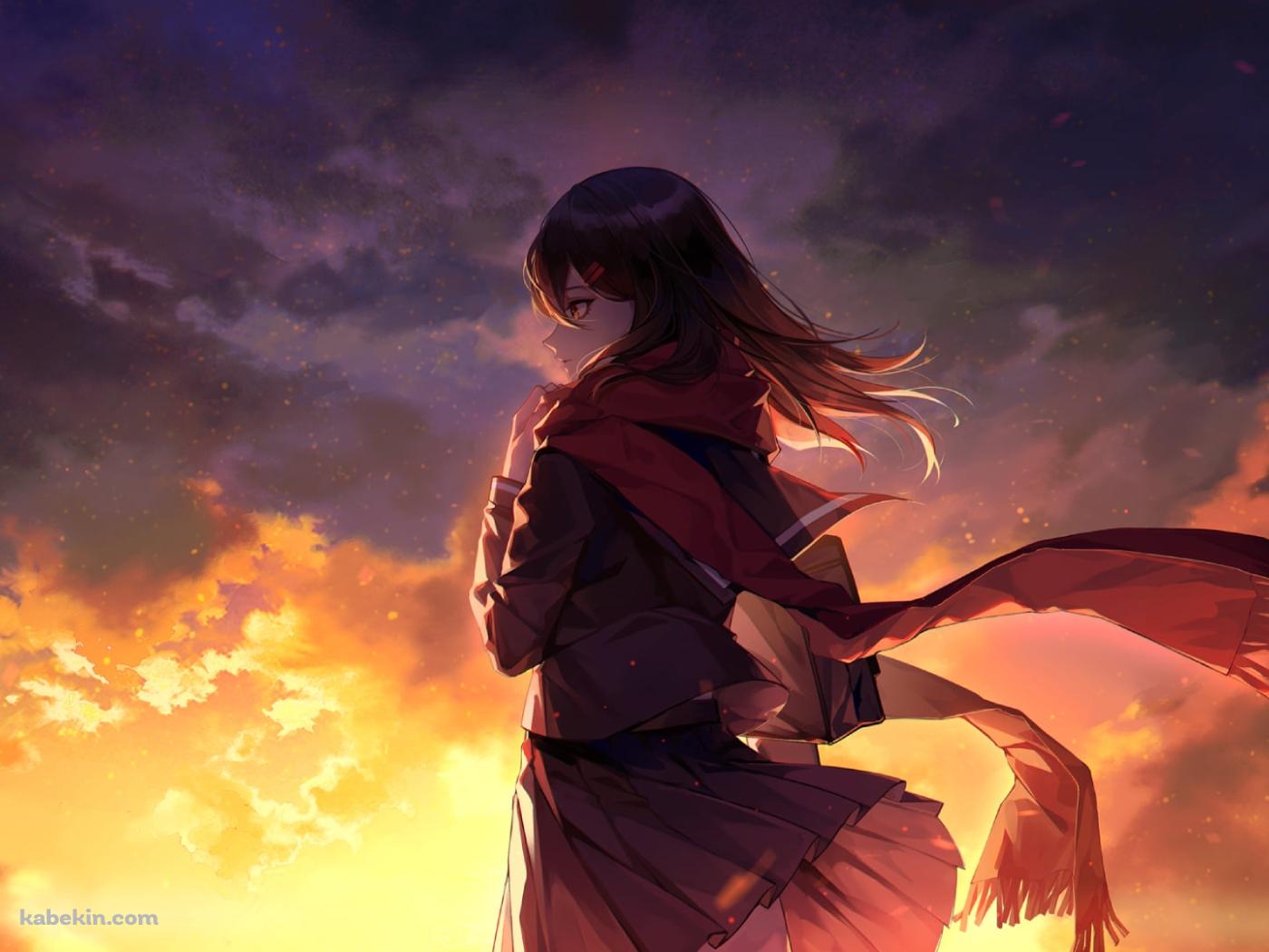 夕暮れと赤いマフラーを巻いた楯山文乃 / メカクシティアクターズの壁紙(1400px x 1050px) 高画質 PC・デスクトップ用