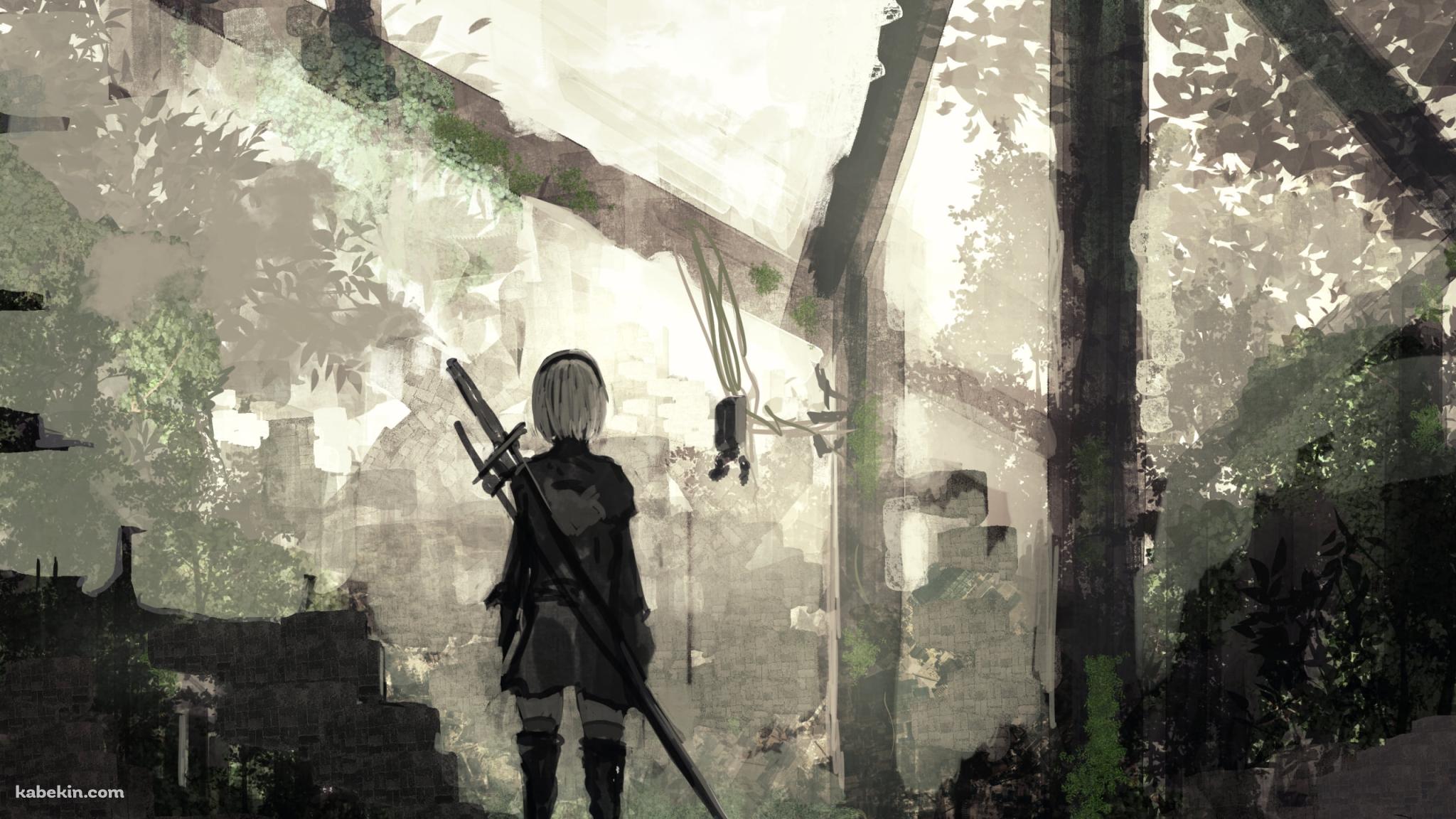荒廃した土地に立ち尽くす2B / ニーア・オート・マタの壁紙(2048px x 1152px) 高画質 PC・デスクトップ用