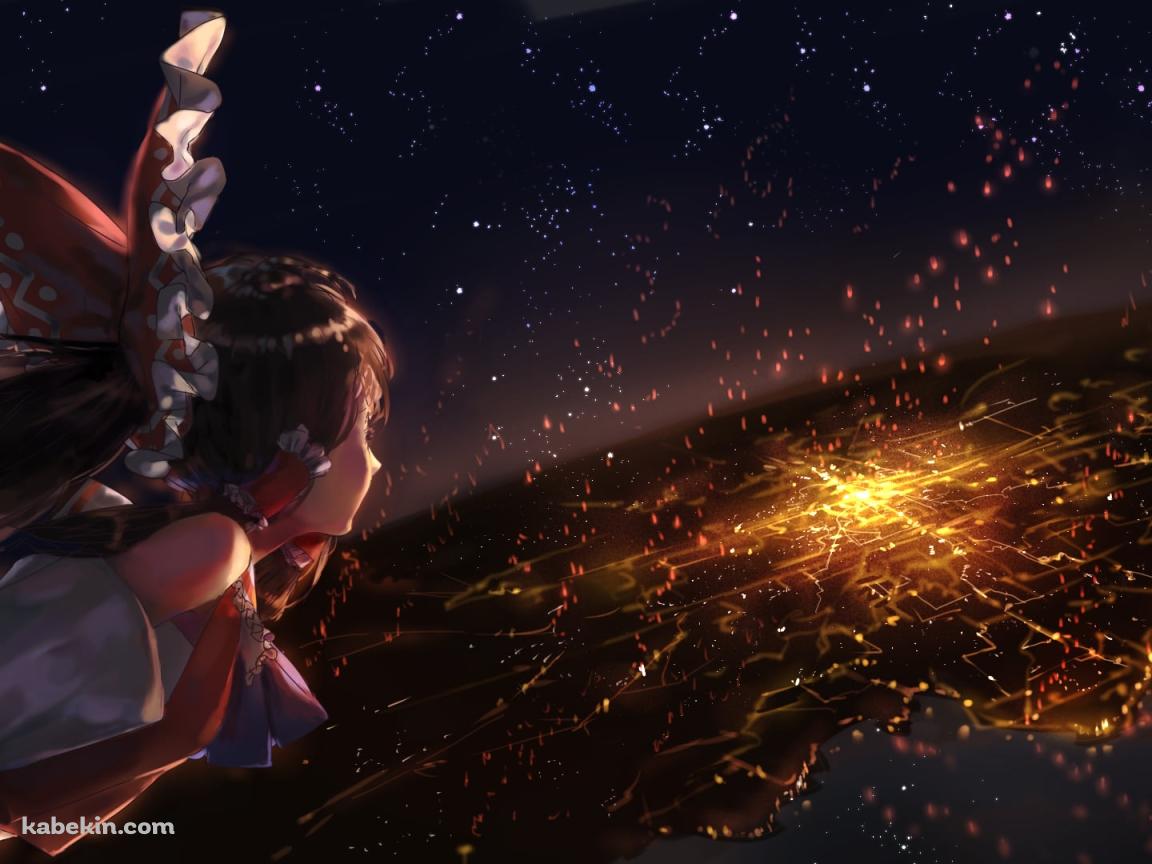 燃える街と空飛ぶ博麗霊夢 / 東方の壁紙(1152px x 864px) 高画質 PC・デスクトップ用