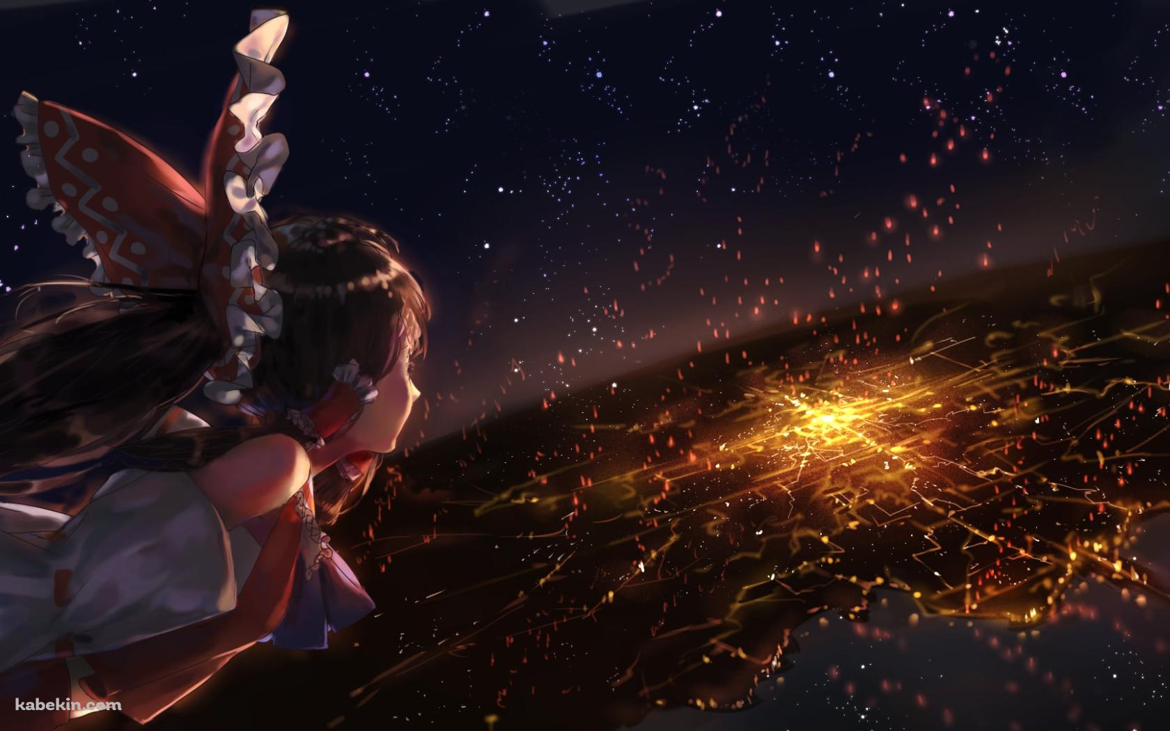 燃える街と空飛ぶ博麗霊夢 / 東方の壁紙(1680px x 1050px) 高画質 PC・デスクトップ用