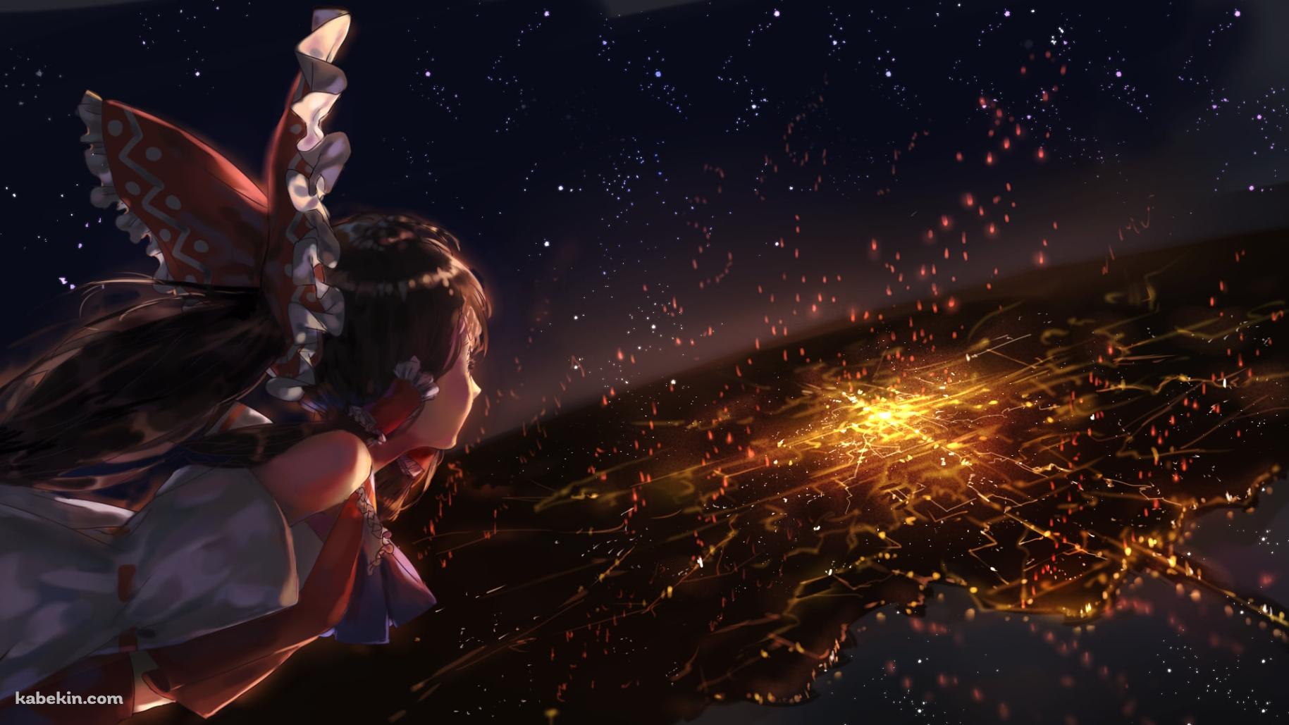 燃える街と空飛ぶ博麗霊夢 / 東方の壁紙(1829px x 1029px) 高画質 PC・デスクトップ用