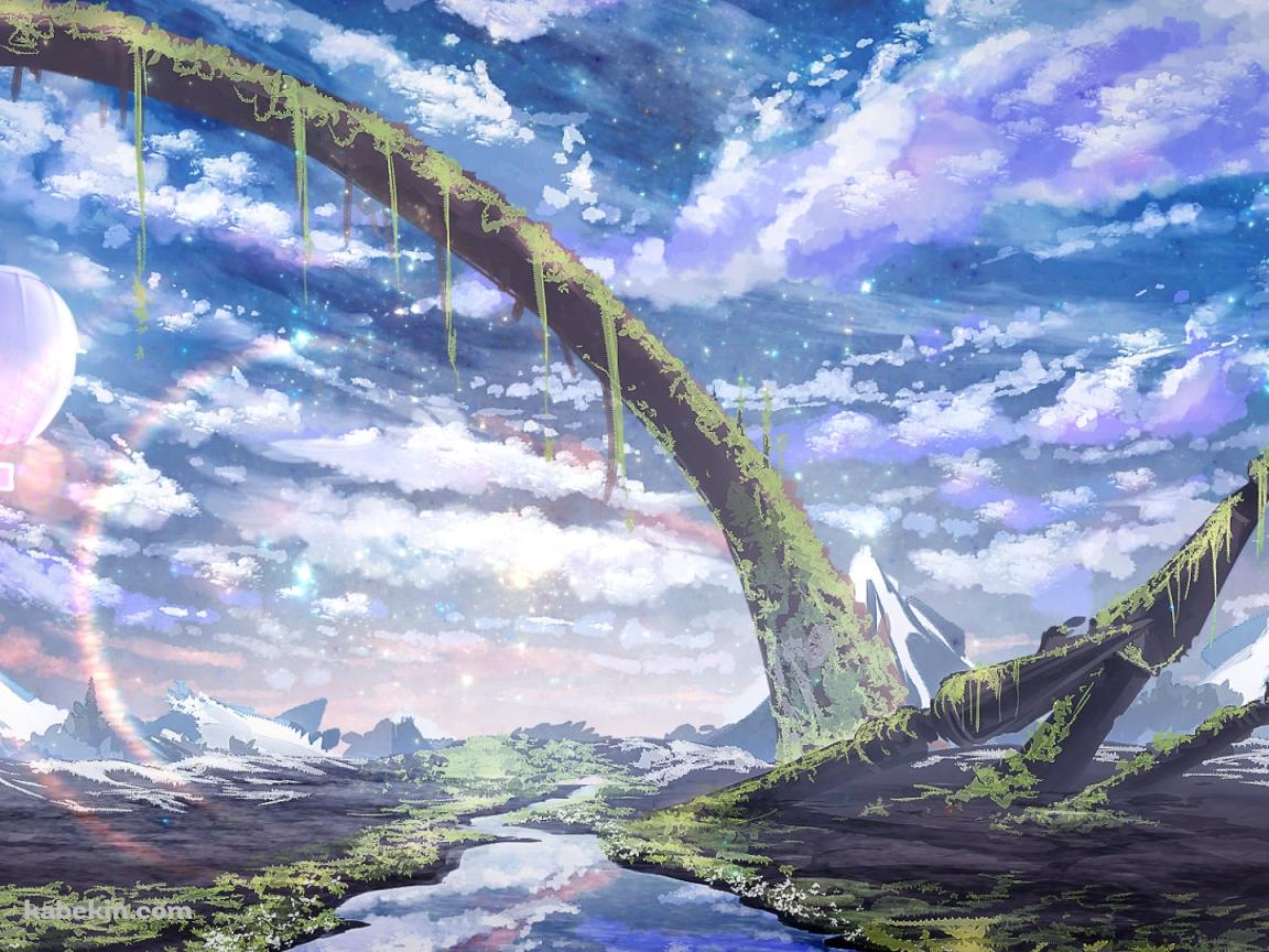 苔むした大地と空が鏡面する川 / 白い気球の壁紙(1152px x 864px) 高画質 PC・デスクトップ用
