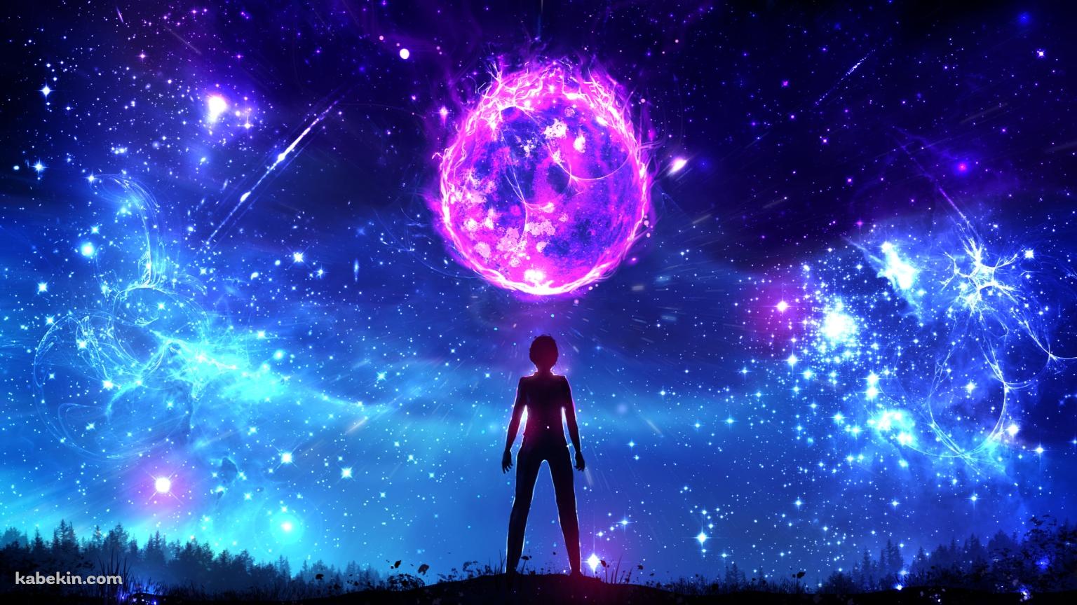 落下するピンクの惑星に立ちはだかる女性のシルエットの壁紙(1536px x 864px) 高画質 PC・デスクトップ用