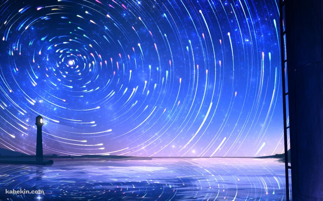 港に立つ灯台と巡る星辰の壁紙(1280px x 800px) 高画質 PC・デスクトップ用