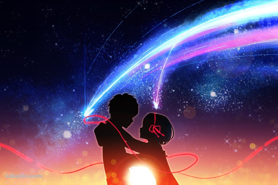 赤いリボンで結ばれた宮水三葉と立花瀧のシルエット / 君の名は。の壁紙(1152px x 768px) 高画質 PC・デスクトップ用