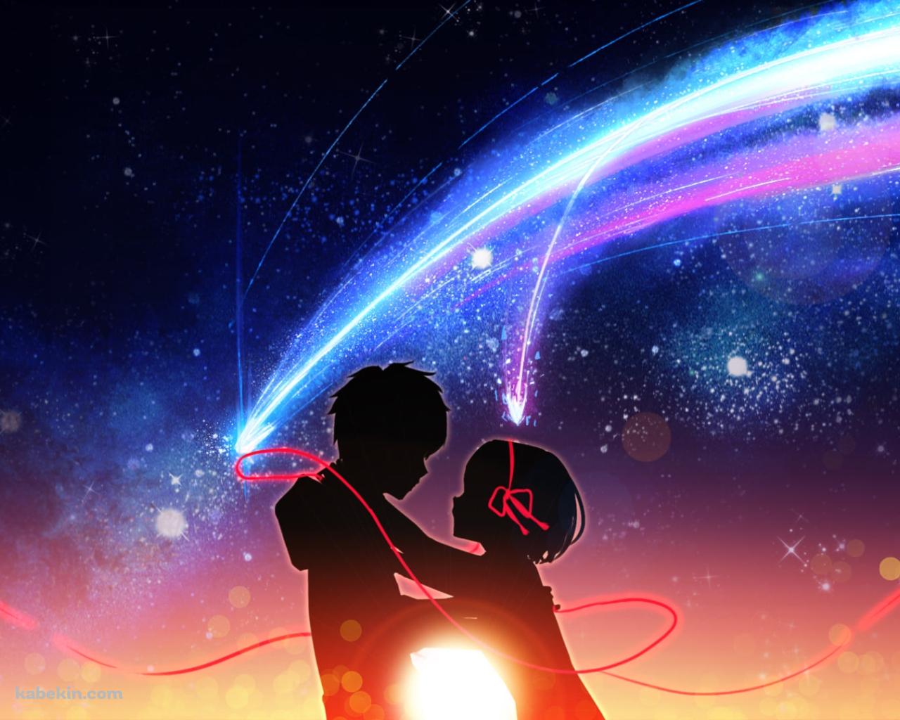 赤いリボンで結ばれた宮水三葉と立花瀧のシルエット / 君の名は。の壁紙(1280px x 1024px) 高画質 PC・デスクトップ用
