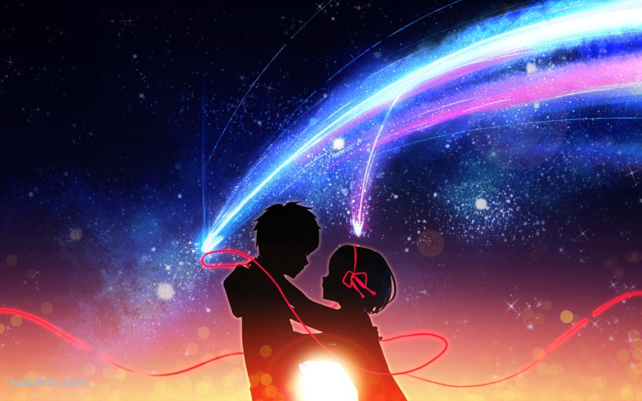 赤いリボンで結ばれた宮水三葉と立花瀧のシルエット / 君の名は。の壁紙(1280px x 800px) 高画質 PC・デスクトップ用