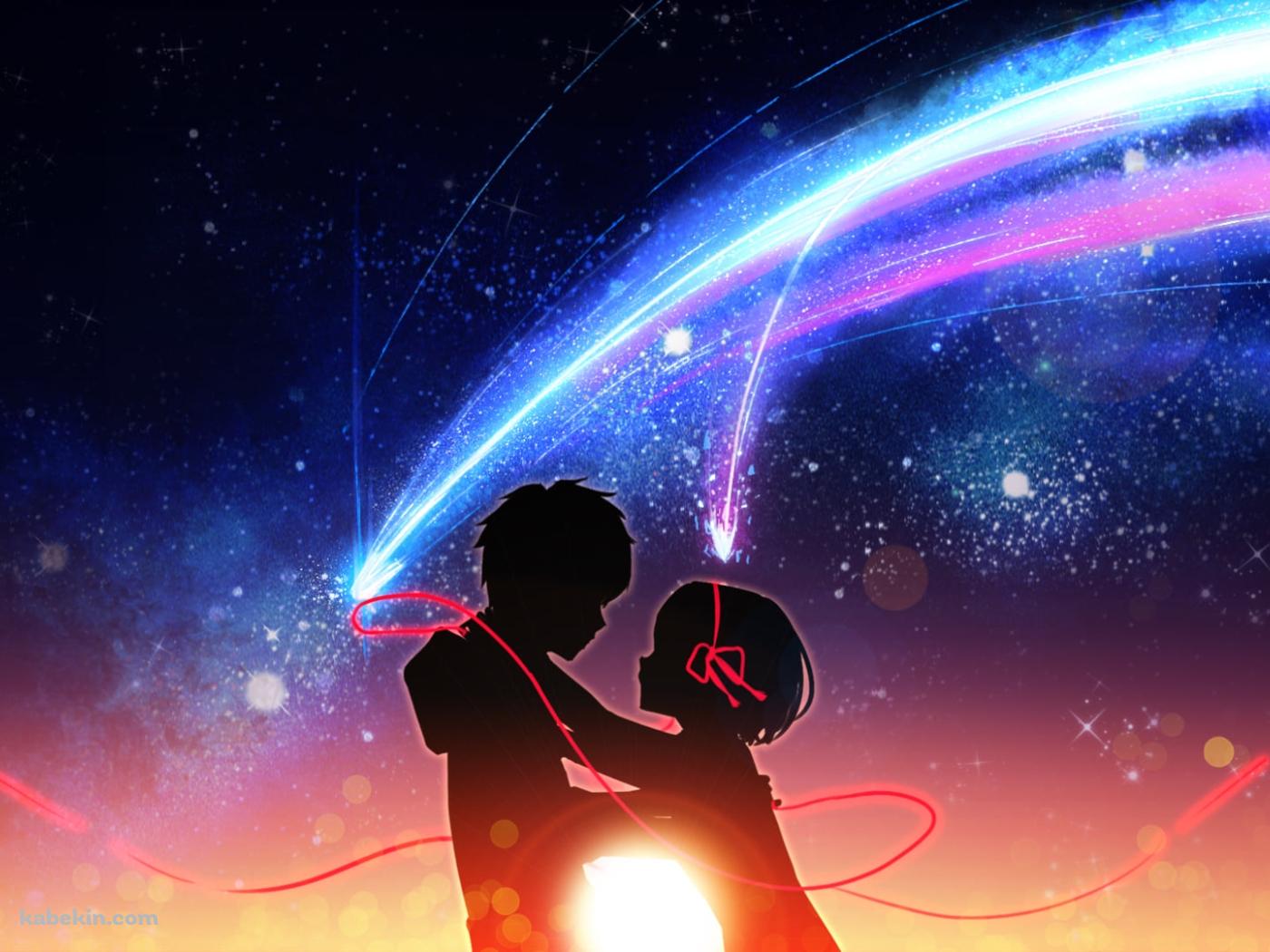 赤いリボンで結ばれた宮水三葉と立花瀧のシルエット / 君の名は。の壁紙(1400px x 1050px) 高画質 PC・デスクトップ用