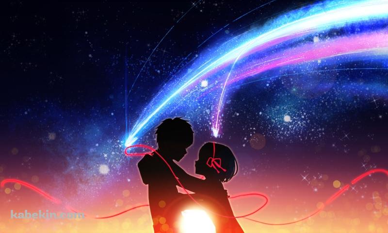 赤いリボンで結ばれた宮水三葉と立花瀧のシルエット / 君の名は。の壁紙(800px x 480px) 高画質 PC・デスクトップ用