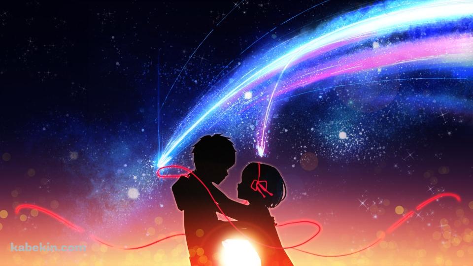 赤いリボンで結ばれた宮水三葉と立花瀧のシルエット / 君の名は。の壁紙(960px x 540px) 高画質 PC・デスクトップ用